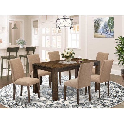 HomeStock Belmont 7Pc Dining Room Table Set , Rectangle Table and 6 Parson Chairs with Light Sable Color Linen Fabric, Distressed Jacobean Finish