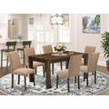HomeStock Belmont 7Pc Dining Room Table Set , Rectangle Table and 6 Parson Chairs with Light Sable Color Linen Fabric, Distressed Jacobean Finish