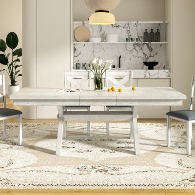 VECELO Rustic 6-Piece Extendable Dining Table Set, Rubber Wood Table with 4 Armless Upholstered Dining Chairs and Bench for Kitchen, Gray