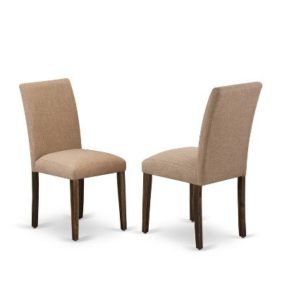 HomeStock Belmont 7Pc Dining Room Table Set , Rectangle Table and 6 Parson Chairs with Light Sable Color Linen Fabric, Distressed Jacobean Finish