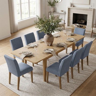 Expandable Dining Table Set for 8, Rectangular Table with Removable Leaves and Armless Linen Chairs, Featuring Solid Wood Legs-Panipeachy
