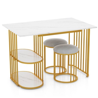 Costway 3 Piece Dining Table Set w/ 2 Stools 2-tier Storage Shelf Upholstered Seat