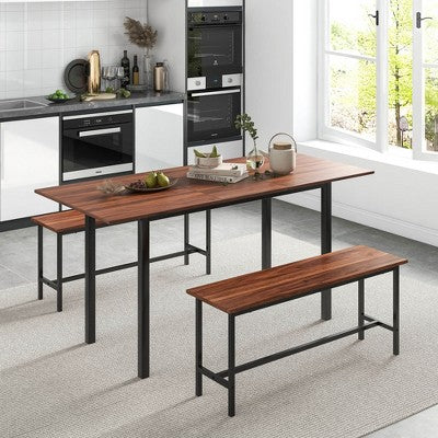 Costway 3 Piece Dining Table Set for 4-6 63Kitchen Table with 2 Benches Metal Frame Black/Walnut