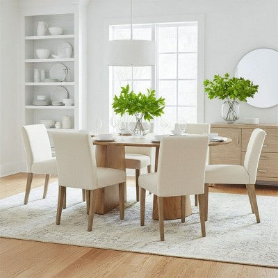 47-83 Extendable Dining Table Set for 6, Natural Wood-Tone Table and 6 Linen Armless Chairs with Solid Wood Legs for Dining Room-Panipeachy