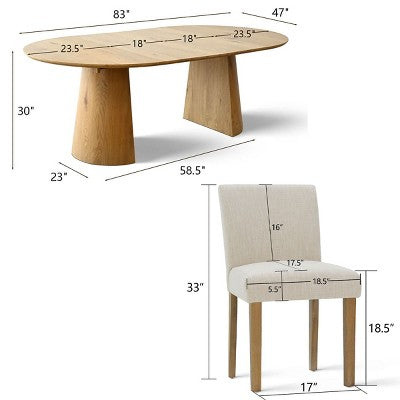 47-83 Extendable Dining Table Set for 6, Natural Wood-Tone Table and 6 Linen Armless Chairs with Solid Wood Legs for Dining Room-Panipeachy