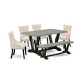HomeStock 6-Piece Rectangle Natural Oak Finish Solid Wood Top Dining Table with 1-Bench, 4-Chairs