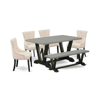 HomeStock 6-Piece Rectangle Natural Oak Finish Solid Wood Top Dining Table with 1-Bench, 4-Chairs