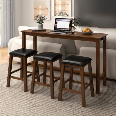 Costway 4-Piece Bar Table Set w/ Power Outlet Counter-Height Table & 3 Bar Stools