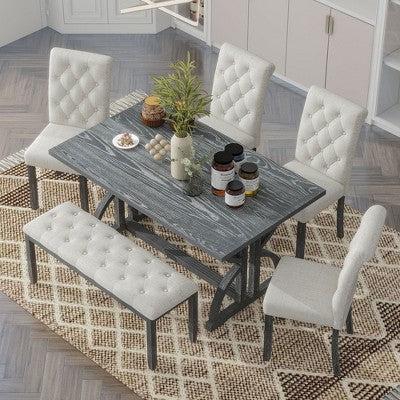 6 PCS Retro Dining Table Set, Rectangular Table with Unique Legs and Upholstered Chairs-ModernLuxe