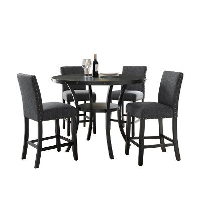 Biony Espresso Wood Counter Height Dining Set with Grey Fabric Nailhead Stools