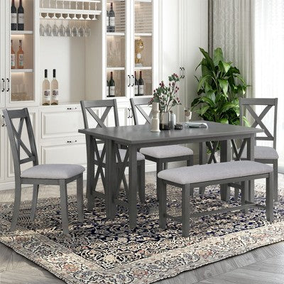 6 Piece Extendable Dining Table Set Dining Set Small Dinette Kitchen Table Set with Foldable Table, 4 Upholstered Chairs, Bench, Gray/Espresso-HABITRI