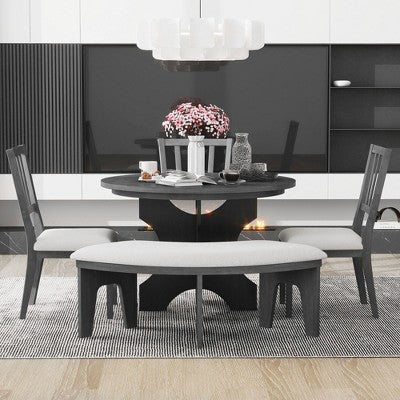 GDFStudio Agnes 5 Piece Rustic Round Dining Set with Upholstered Chairs and Curved Bench