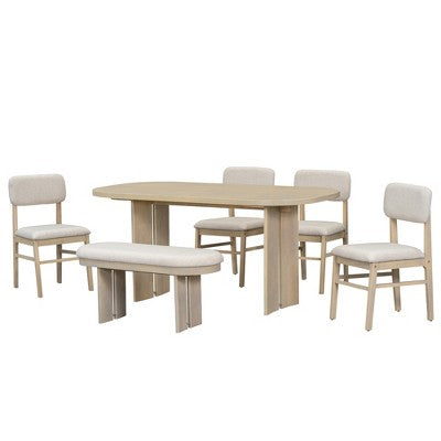 Solid Wood Dining Table Set with Bench for 5, 6 Pieces Upholstered Rectangular Dining Room Table Set with 4 Chairs & Bench