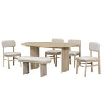 Solid Wood Dining Table Set with Bench for 5, 6 Pieces Upholstered Rectangular Dining Room Table Set with 4 Chairs & Bench
