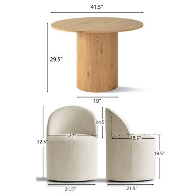 Dining Table Set for 4, Upholstered Barrel Chair with Castors and Round Pedestal Table for Kitchen or Breakfast Nook-Panipeachy