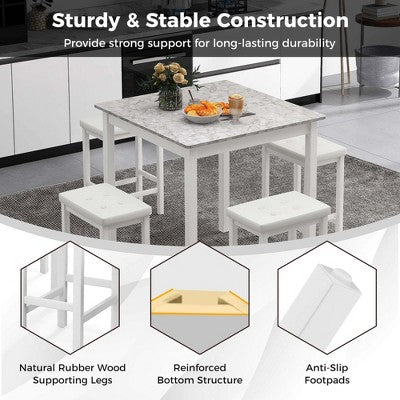 Costway 5 PCS Bar Table Set Square Dining Table & 4 PVC Leather Upholstered Bar Stools Brown/White