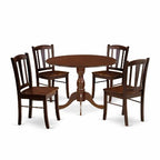 HomeStock 5-Piece Mahogany Finish Solid Wood Top Dining table with 4 Chairs with Drop Leaf Slat Back