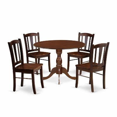 HomeStock 5-Piece Mahogany Finish Solid Wood Top Dining table with 4 Chairs with Drop Leaf Slat Back