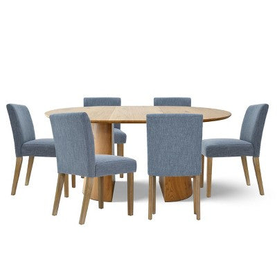 47-83 Extendable Dining Table Set for 6, Natural Wood-Tone Table and 6 Linen Armless Chairs with Solid Wood Legs for Dining Room-Panipeachy