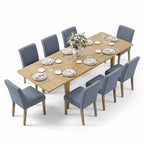 Expandable Dining Table Set for 8, Rectangular Table with Removable Leaves and Armless Linen Chairs, Featuring Solid Wood Legs-Panipeachy