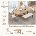 Farmhouse Extendable Dining Table Set for 6, Solid Wood Rectangular Kitchen Table Set with Removable Leaf, 4 Upholstered Chairs and Bench