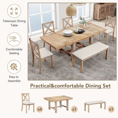 Farmhouse Extendable Dining Table Set for 6, Solid Wood Rectangular Kitchen Table Set with Removable Leaf, 4 Upholstered Chairs and Bench