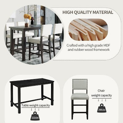 5-Piece Counter Height Dining Table Set Dining Set with Classic Dining Table and 4 Cushioned Dining Chairs, Natural Wood Wash/Espresso-ModernLuxe