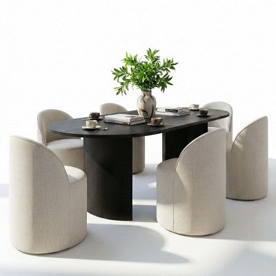 Dining Table Set for 6, Oval 79 Table and Linen Fabric Upholstered Barrel Chairs with Casters, for the Dining Room-Panipeachy