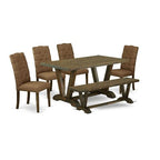 HomeStock 6-Pc Rectangle Distressed Jacobean Finish Solid Wood Top Dining Table with 1-Bench, 4-Chairs