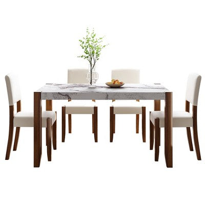Faux Marble Dining Table Set for 4, 5 Pieces Rectangle Dining Table with 4 Upholstered Chairs for Small Space Kictchen