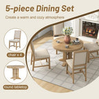 Farmhouse 5 Piece Kitchen Dining Set for 4, Solid Wood Extendable Round Dining Table Set and 4 Upholstered Chairs for Kitchen