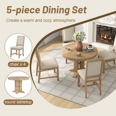 Farmhouse 5 Piece Kitchen Dining Set for 4, Solid Wood Extendable Round Dining Table Set and 4 Upholstered Chairs for Kitchen