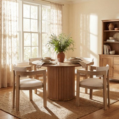 Christopher Knight Home Shankar Modern 5 Piece Round Dining Table Set with Rubberwood Upholstered Chairs