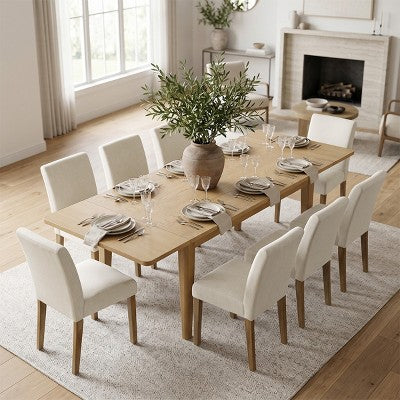 Expandable Dining Table Set for 8, Rectangular Table with Removable Leaves and Armless Linen Chairs, Featuring Solid Wood Legs-Panipeachy