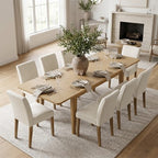 Expandable Dining Table Set for 8, Rectangular Table with Removable Leaves and Armless Linen Chairs, Featuring Solid Wood Legs-Panipeachy
