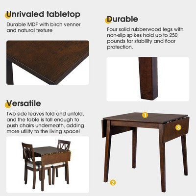3 Piece Expandable Dining Set with 2 Upholstered Chairs, Wood Dining Table with Drop Leaf for Small Place