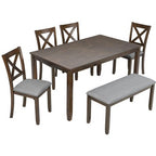 6-Piece Dining Set: Rectangular Wood Table, 4 Upholstered Chairs, Bench for Home Kitchen, Living Room, Bar