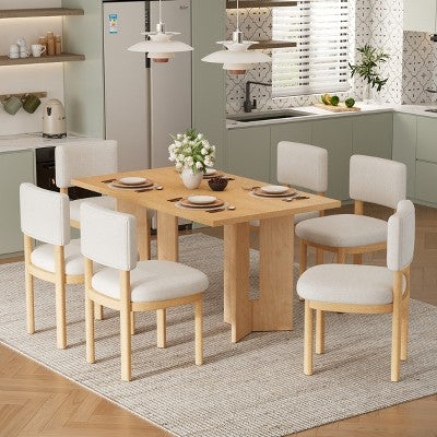 7 Piece Farmhouse Dining Table Set Dining Set for 6, 60 Kitchen Table Set with 6 Upholstered Dining Chairs - ModernLuxe