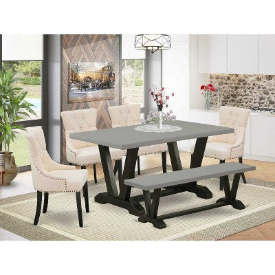 HomeStock 6-Piece Rectangle Natural Oak Finish Solid Wood Top Dining Table with 1-Bench, 4-Chairs