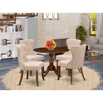 HomeStock 5-Piece Antique Walnut Finish Solid Wood Top Dining table with 4 Chairs with Drop Leaf Lattice Back