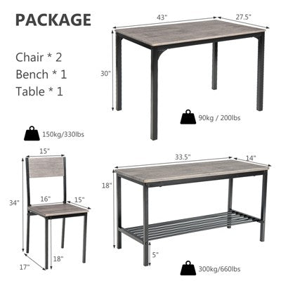 Costway 4pcs Dining Table Set Rustic Desk 2 Chairs & Bench w/ Storage Rack
