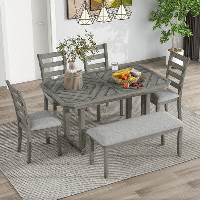 6 PCS Rubber Wood Dining Table Set with Beautiful Wood Grain Veneer Tabletop and Soft Cushion-ModernLuxe