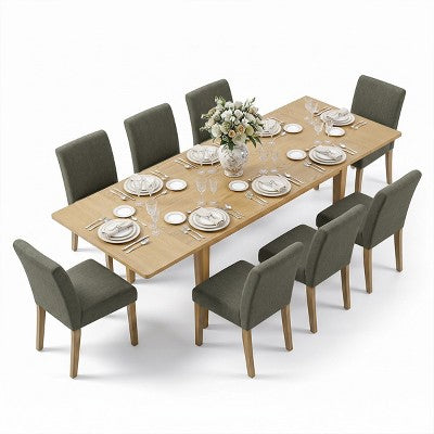 Expandable Dining Table Set for 8, Rectangular Table with Removable Leaves and Armless Linen Chairs, Featuring Solid Wood Legs-Panipeachy