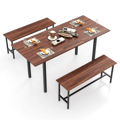Costway 3 Piece Dining Table Set for 4-6 63Kitchen Table with 2 Benches Metal Frame Black/Walnut