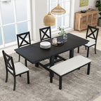 Farmhouse Extendable Dining Table Set for 6, Solid Wood Rectangular Kitchen Table Set with Removable Leaf, 4 Upholstered Chairs and Bench