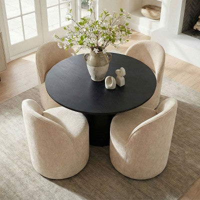 5-Piece Dining Table Set for 4, Modern Barrel Chair with Wheels and Chenille Upholstery, Black Round Pedestal Table-Panipeachy