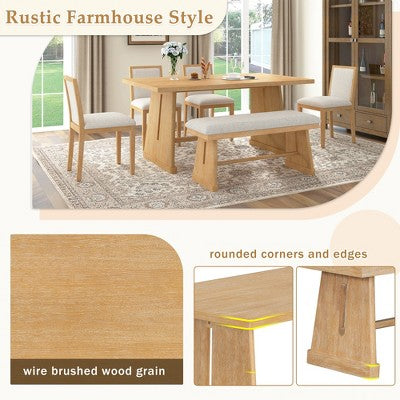 ModernLuxe 6-Piece Rustic Farmhouse Dining Set, Oak Veneer Dining Table with Trapezoid Legs, 4 Linen Upholstered Chairs+1 Bench