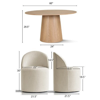 Round Dining Table Set For 6, Upholstered Barrel Dining Chairs With Castors, Linen Blend Fabric, Curved Back Support - Panipeachy