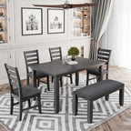 6-Piece Farmhouse Dining Table Set Dining Set with Rustic Dining Table, 4 High-back Dining Chairs and Bench, Natural Wood Wash/Gray-ModernLuxe