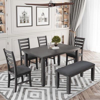 6-Piece Farmhouse Dining Table Set Dining Set with Rustic Dining Table, 4 High-back Dining Chairs and Bench, Natural Wood Wash/Gray-ModernLuxe